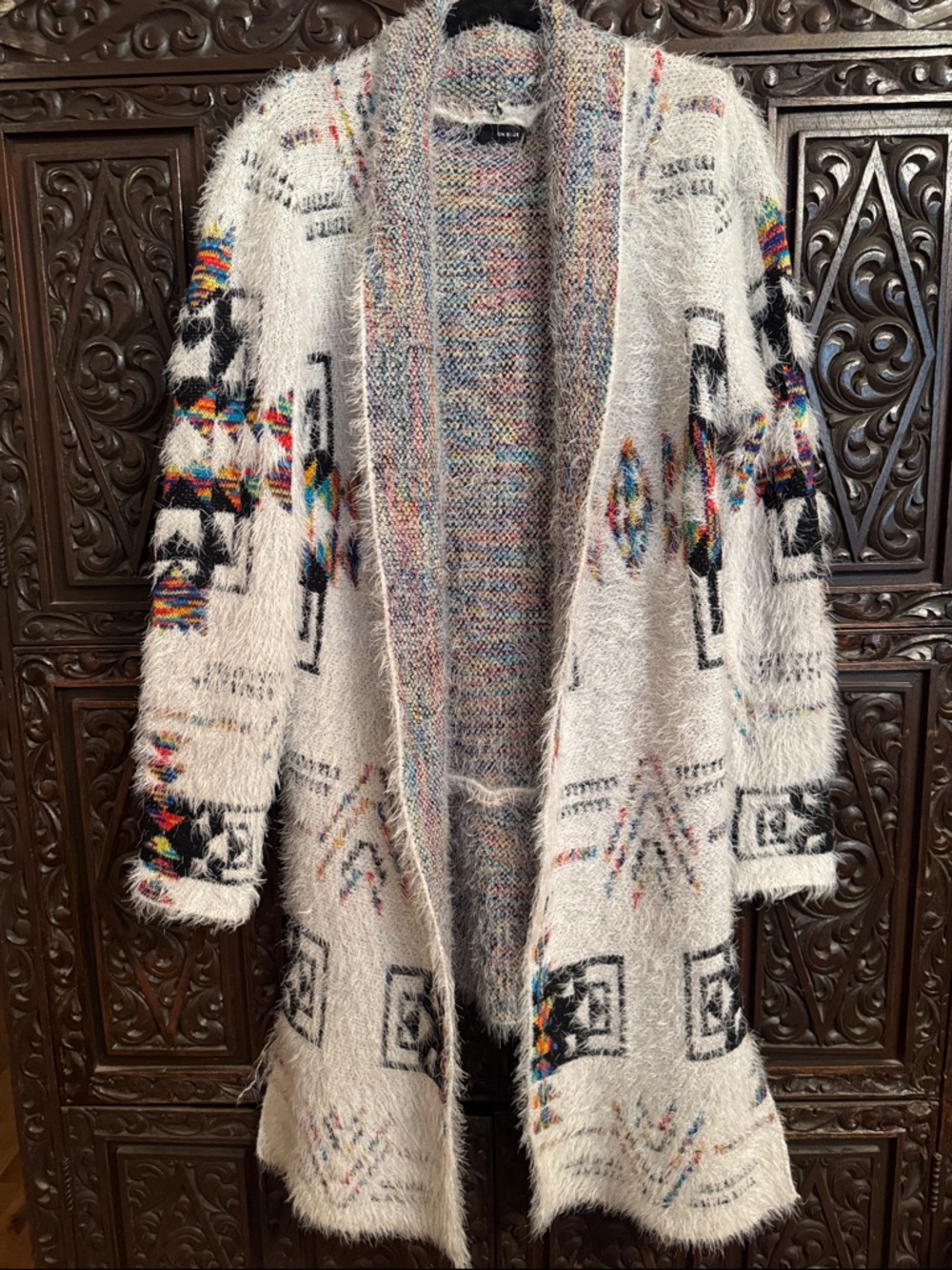 On blue Small Fuzzy Open-Front Cardigan with Geometric Accents High-Low